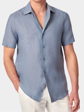Theory Men's Light Blue Short-Sleeve 100% Linen Button-Down Shirt M NWT